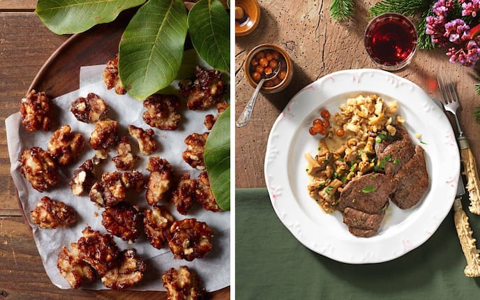 Links: karamellisierte Walnüsse auf Backpapier mit Walnussblättern. Rechts: Rehschnitzel mit Eierschwammerlsauce, Walnuss-Spätzle und Vogelbeerkompott auf gedecktem Holztisch