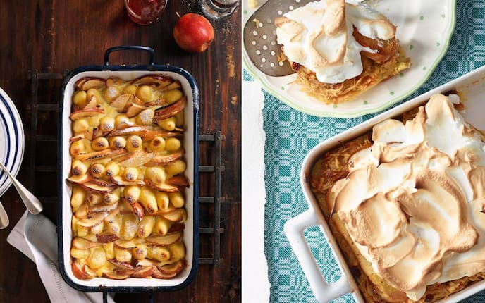 Köstliche süße Aufläufe, Rezepte, Oma Adeles Scheiterhaufen mit Schneehaube, Mandl-steh-auf