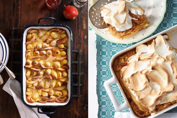 Köstliche süße Aufläufe, Rezepte, Oma Adeles Scheiterhaufen mit Schneehaube, Mandl-steh-auf