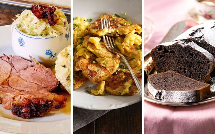 Bratl in der Rein, Geröstete Knödel mit Ei, Mohnkuchen