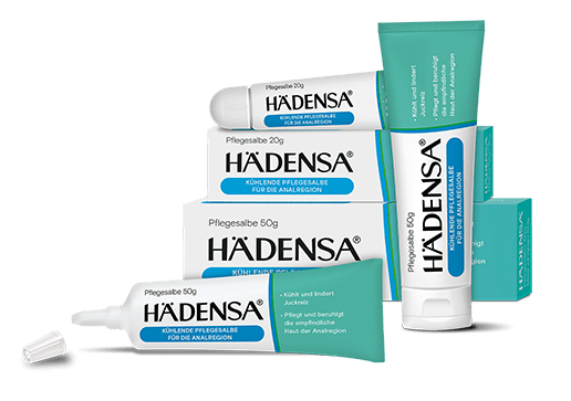 Drei Varianten der Hädensa Pflegesalbe mit Verpackung, dargestellt zur Veranschaulichung der Produktoptionen.