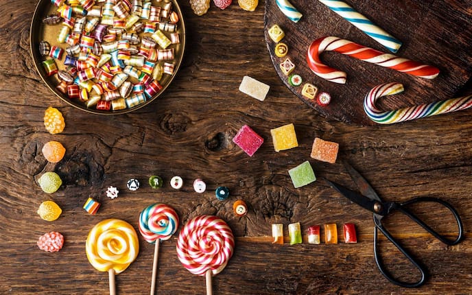 Seidenzuckerl, saure Drops, Geleefrüchte, Zuckerstangerl, Schleckerl