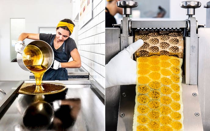Vorsicht! In der Zuckerlwerkstatt kühlt Marya Milkovic die brennheiße Zuckermasse auf einem Granittisch sanft ab. Erst dann kann der Rohstoff weiterverarbeitet werden.