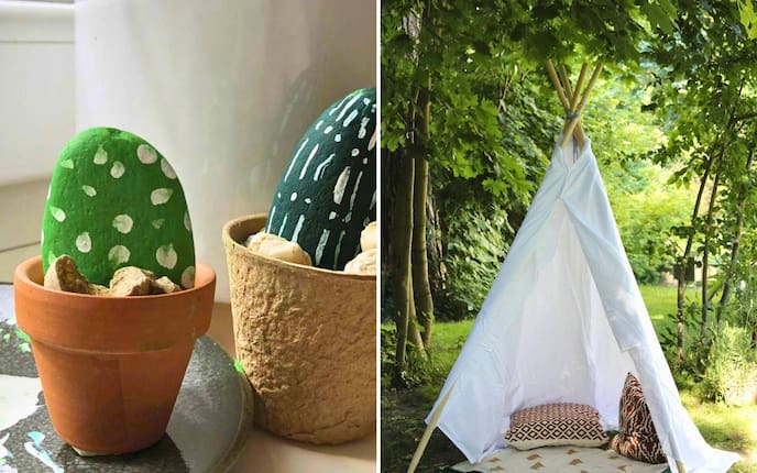 Bemalte Steine als Kakteen in kleinen Tontöpfen, im Hintergrund ein Tipi-Zelt aus Besenstangen und weißem Leintuch im Garten, Bastelideen für Kinder im Sommer