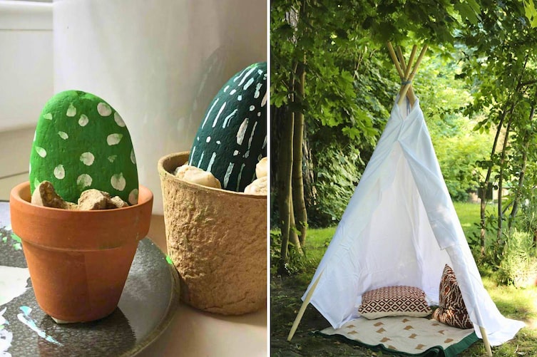 Bemalte Steine als Kakteen in kleinen Tontöpfen, im Hintergrund ein Tipi-Zelt aus Besenstangen und weißem Leintuch im Garten, Bastelideen für Kinder im Sommer