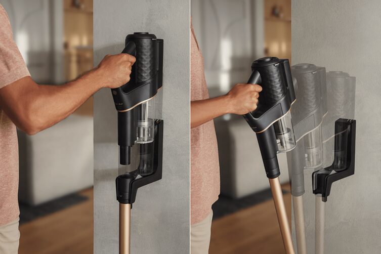 Der Duoflex Akku-Staubsauger von Miele lässt sich mit einem Handgriff wieder in seiner Wandhalterung verstauen.