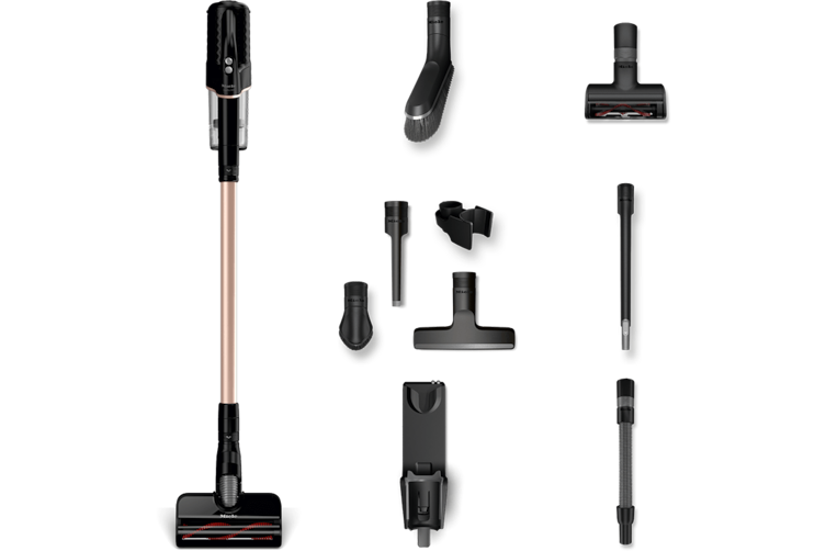 Der Duoflex Akku-Staubsauger von Miele und sein Zubehör – Bürsten und Schlauchverlängerungen für den flexiblen Einsatz sowie eine praktische Wandhalterung.