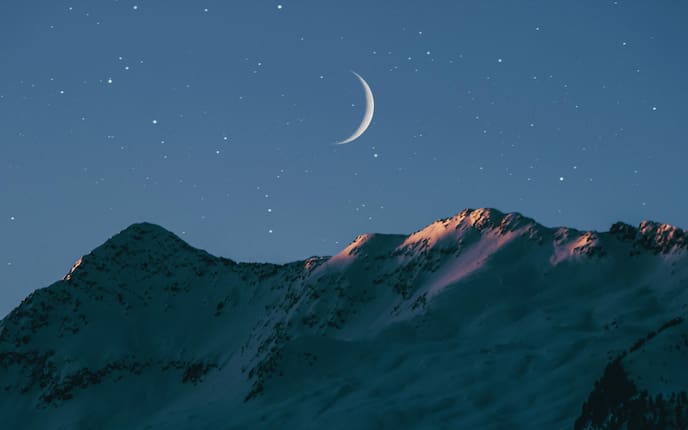 Mond, Sichel, Berge, Schnee, Sterne, Nacht, Abend, Mondkalender
