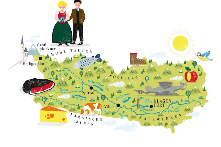 Illustration, Karte Kärnten, Dialektquiz