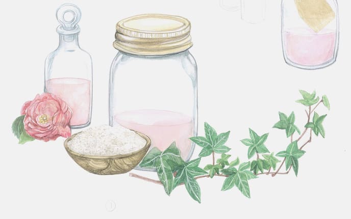 Illustration, Augenpflege selber machen, Efeu, Rosenblüte, Rosenwasser