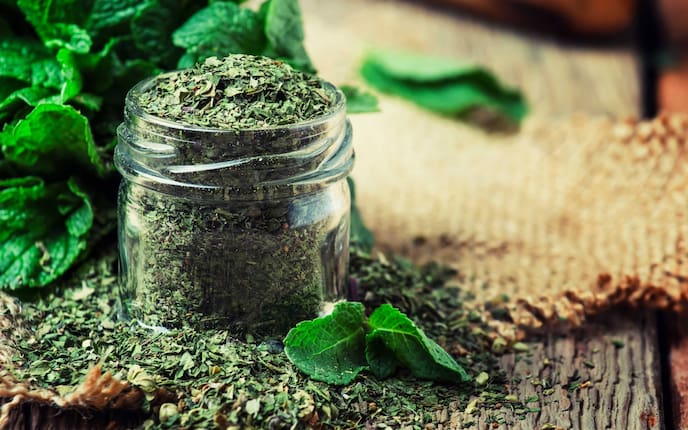 Getrocknete Pfefferminzblätter im Glas