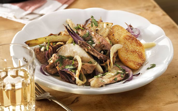 Restlessen von der Gans mit Birne und Fenchel, Gansl, Rezept, Pfannengericht