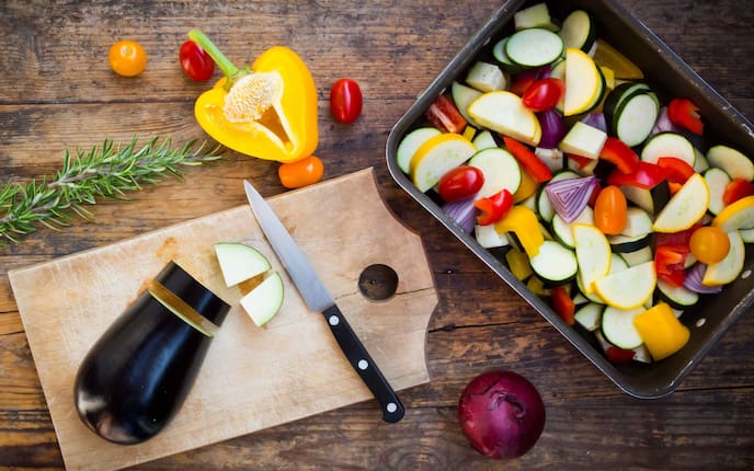 Resteküche, Restlessen, Gemüse, Rezepte, Melanzani, paprika, Ofengemüse