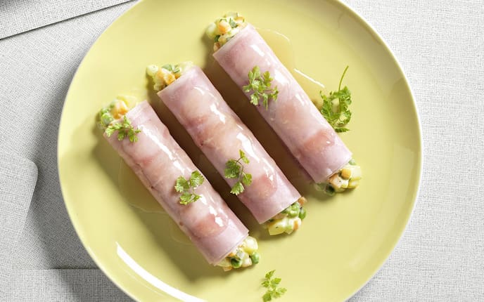 Schinkenrolle in Aspik, rezept, Buffet, Retro-Speisen