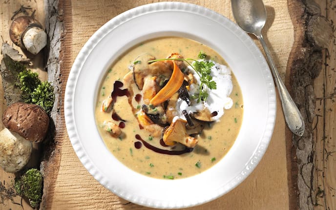 Steirische Schwammerlsuppe, Schwammerlsuppe, Suppe, Cremsuppe, Pilze, Schwammerl, Petersil, Karotten, Kernöl, Servus Rezept