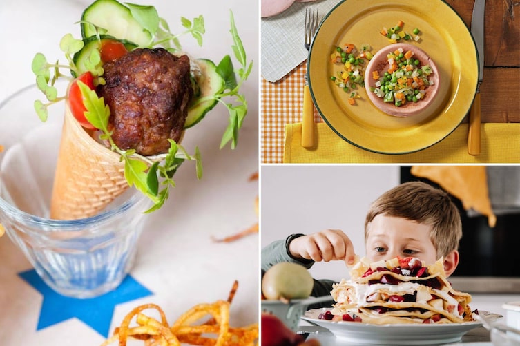 Fleischbällchen-Stanitzel, Wurstschüsserl mit Gemüse und Palatschinkentorte – drei Gerichte, bei denen Kinder vom ersten Blick an dabei sind.