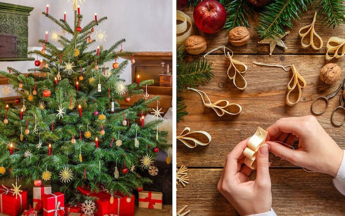 Traditioneller Christbaum mit Strohsternen und Wachssternen, rote Kerzen. Hände, die Anhänger basteln.