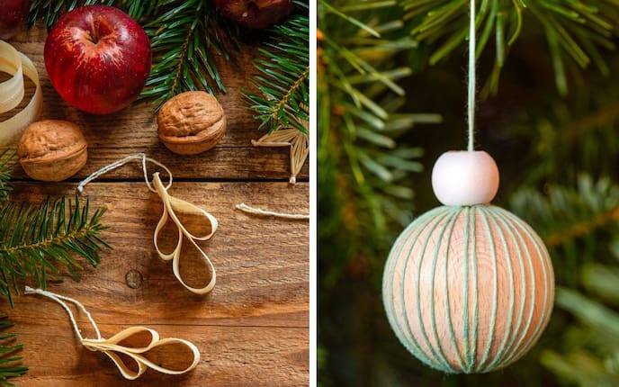 Christbaumschmuck aus Holzlocken und eine Holzkugel verziert mit Fäden. Servus
