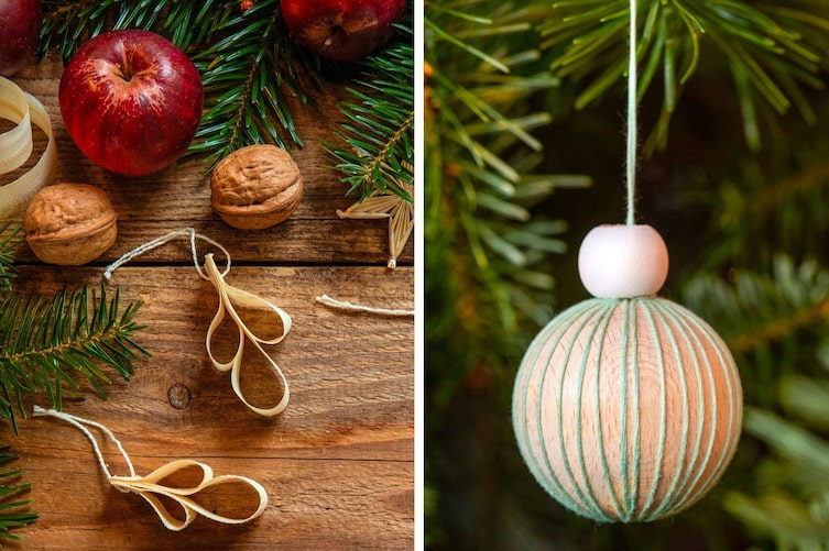 Christbaumschmuck aus Holzlocken und eine Holzkugel verziert mit Fäden. Servus