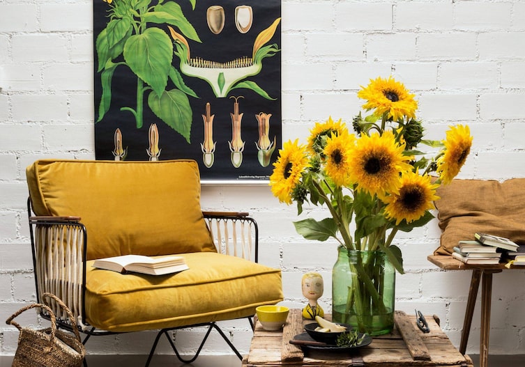 Sonnenblumen in grüner Vase und Lesesessel mit gelben Polstern.