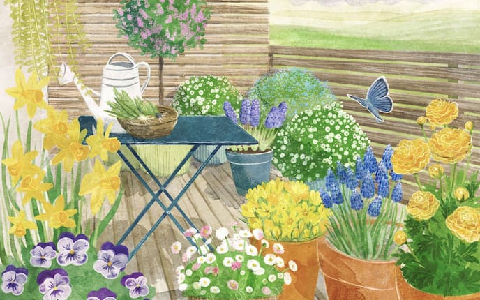 Balkon mit Frühlingspflanzen