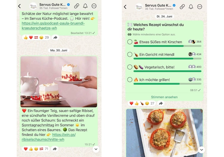 Im „Servus Küche“-Kanal auf WhatsApp können Sie neue Rezepte, Küchenwissen, Gewinnspiele und Co entdecken