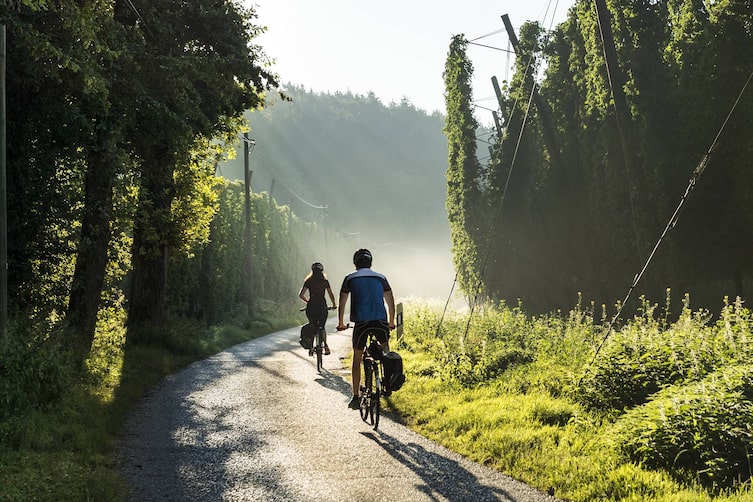 Zwei Radfahrer unterwegs auf der Hopfen-Schleifer durch das Hopfenland Hallertau.
