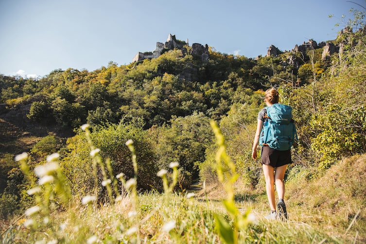 Eine Frau geht auf einem Wanderweg in Richtung Ruine Dürnstein.