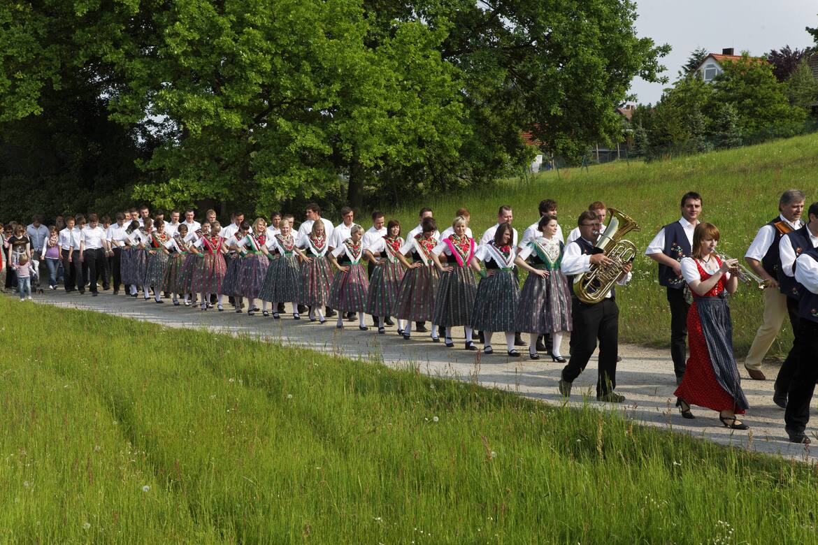 Eine Musikkabelle in der Natur geht entlang eines Pfades und spielt ihre Musikinstrumente.