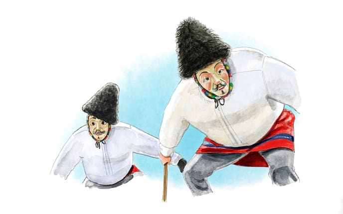 Zwei traditionelle Masken gezeichnet