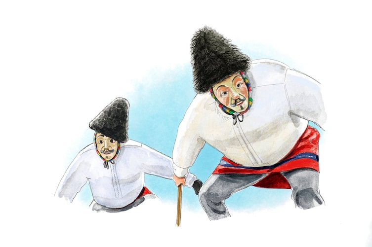 Zwei traditionelle Masken gezeichnet