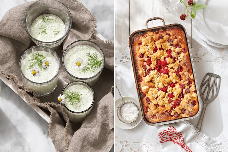 Collage aus zwei Joghurt-Rezepten: Feldgurken-Kaltschale mit Dill und Gänseblümchen in Gläsern sowie ein Himbeerkuchen mit Butterstreuseln in der Backform