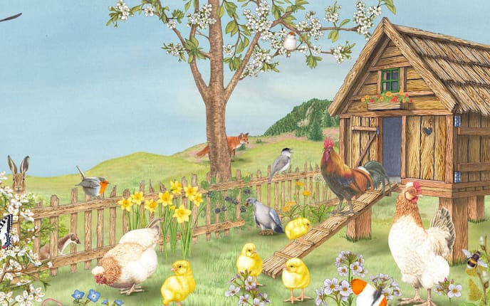 Hühnerstall, Garten, Mai, Illustration