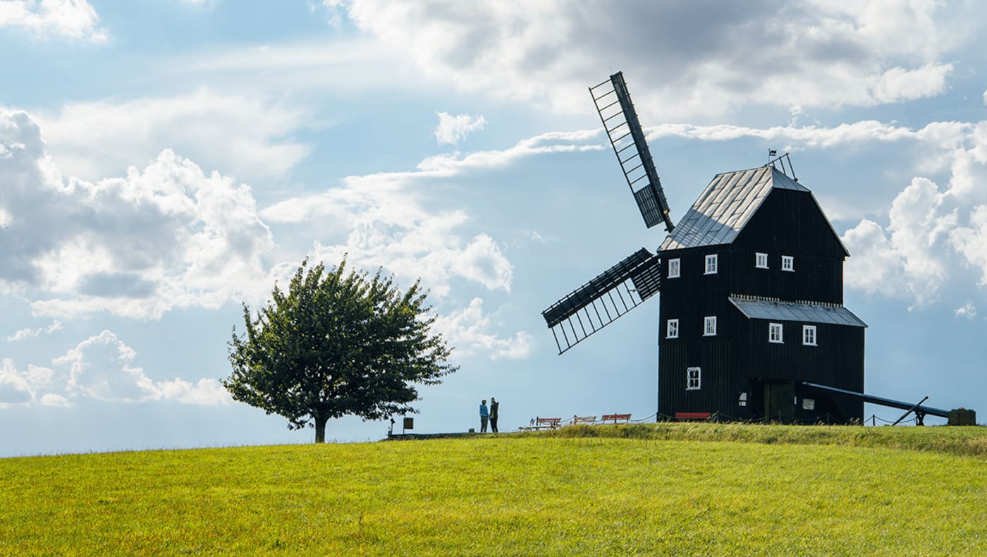Ein Mühlhaus neben einem Baum mit 2 personen.