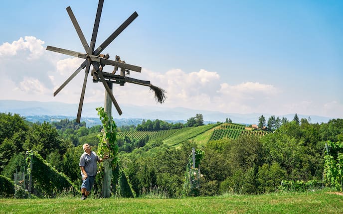 Ein Windrad aus Holz in einer Weinumgebung im Sommer und ein Mann neben dem Windrad.