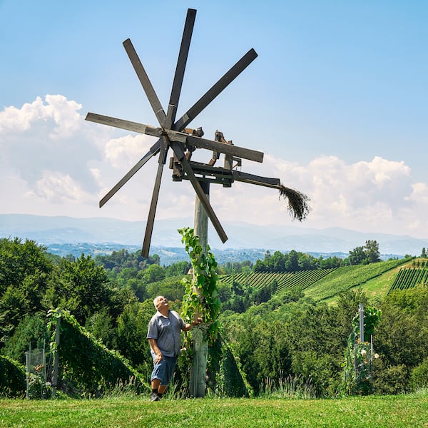 Ein Windrad aus Holz in einer Weinumgebung im Sommer und ein Mann neben dem Windrad.
