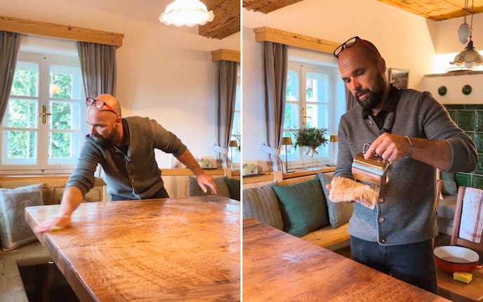 Holzbaumeister Manfred Schranger zeigt, wie man mit Waschsoda und Leinöl einen Naturholztisch reinigt.