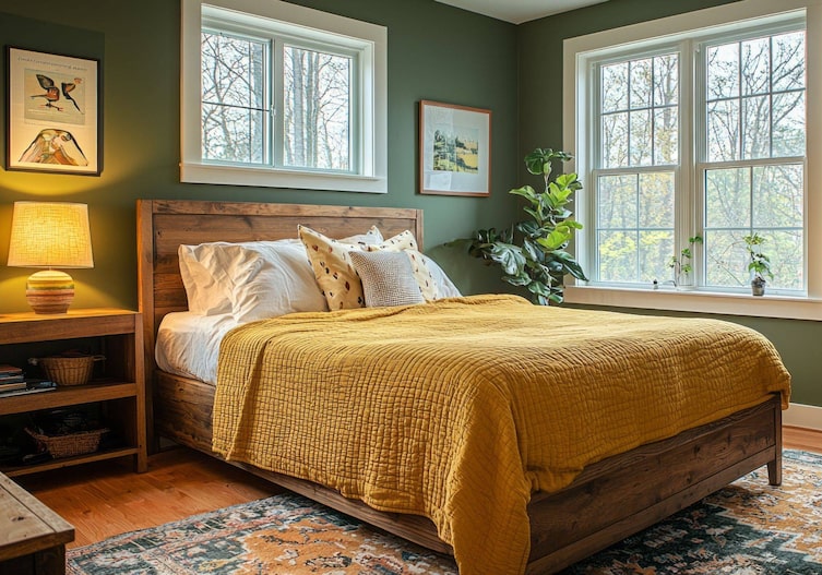 Schlafzimmer mit grüner Wand und Bettdecke in Ocker.