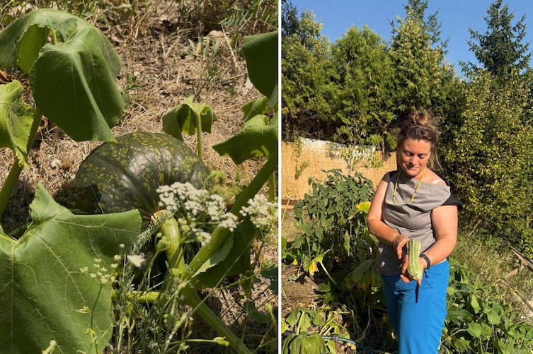 Links ein Kürbis, Rechts Andrea heistinger mit einer Zucchini.