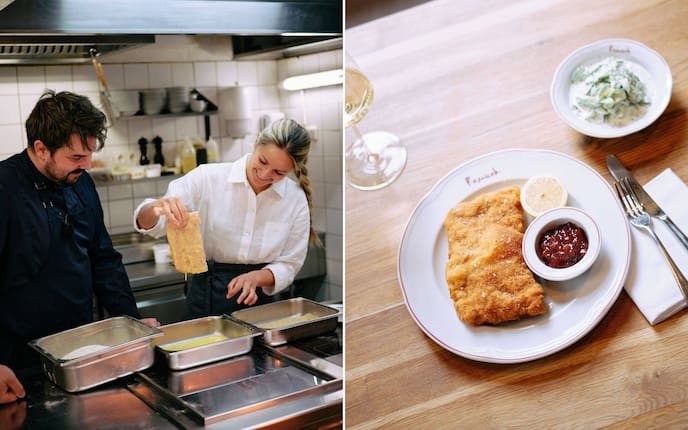 Julian Lechner und Paula Bründl stehen im Gasthaus „Reznicek“ in Wien an der Panierstraße.
