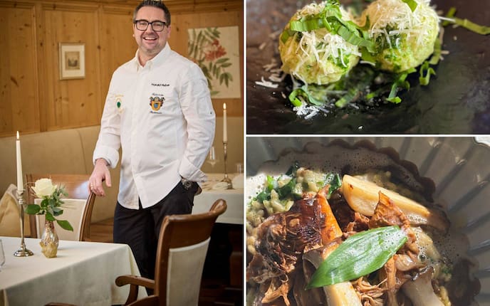 Harald Huber vom Fischerwirt in Salzburg, sowie zwei seiner Gerichte; Bärlauchknödel und gezupftes Hendl Gerichte