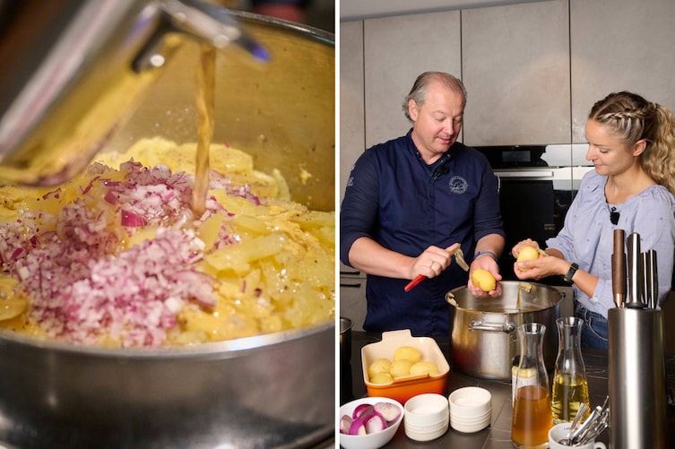 Links: Eine Schüssel mit Erdäpfelsalat, Rindsuppe wird darauf geschüttet. Rechts: Andreas Döllerer und Paula Bründl beim Kartoffeln schälen