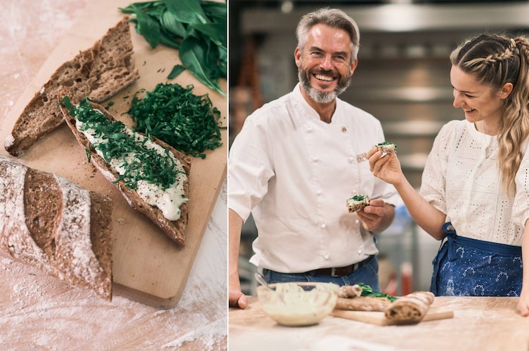 Ein Gerstenbaguette und Paula Bründl mit Berthold Forstner beim Baguette-verkosten.