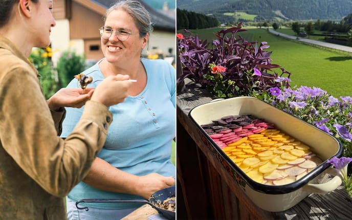Paula Bründl mit Andrea Moser und ein Reindl mit einem bunten Erdäpfel-Gratin.