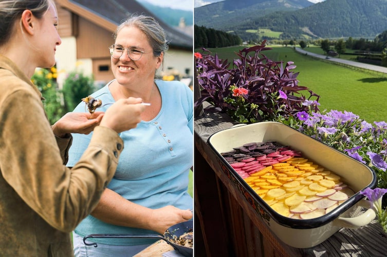 Paula Bründl mit Andrea Moser und ein Reindl mit einem bunten Erdäpfel-Gratin.