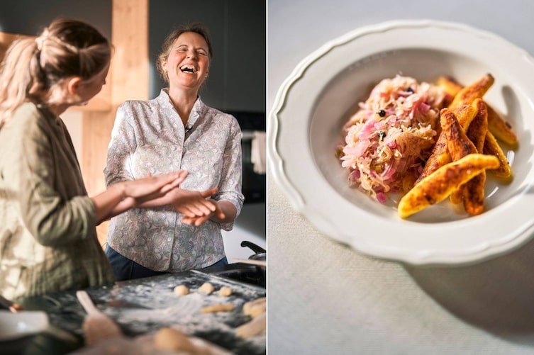 Paula Bründl und Marktbetreiberin Elisabeth Feldinger bereiten köstliche Pinzgauer Nidei zu.