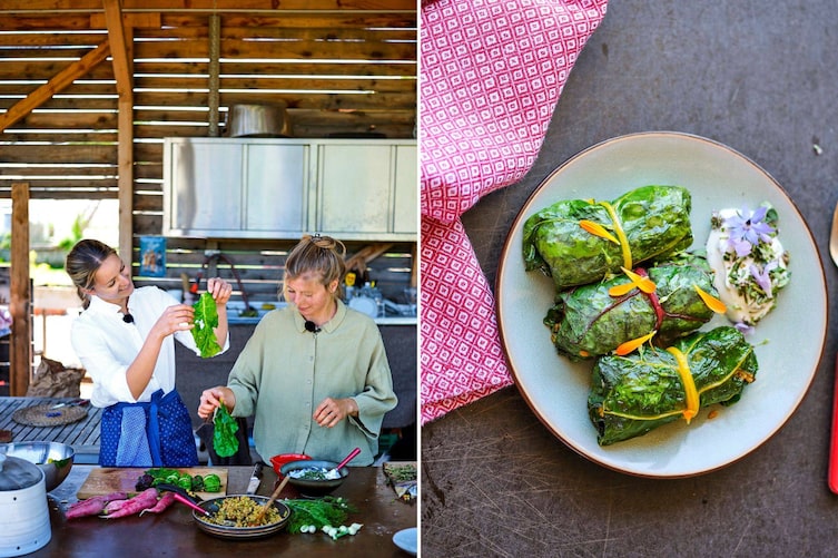 Paula Bründl, Sarah Schmolmüller, Feldküche, Mangoldrouladen mit frisch geernteten Karotten, Fenchel und Einkorn, Kräuter-Sauerrahm-Sauce.