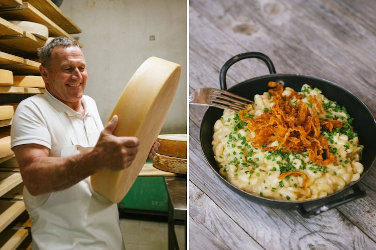 Hermann Huber, Bürgermeister Galtür, traditionelle Tiroler Kasspatzl, Pfanne, Almkäse, Käselaib