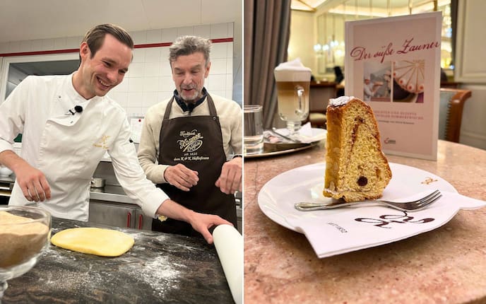 Philipp Zauner zeigt Servus-Autor Harald Nachförg, wie man den Germteig für den Schratt-Gugelhupf in Form bringt.