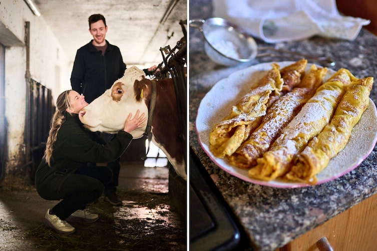 Paula Bründl mit Biobauer Fabian Fellner im Stall. Selbst gemachte Topfenpalatschinken am Teller.